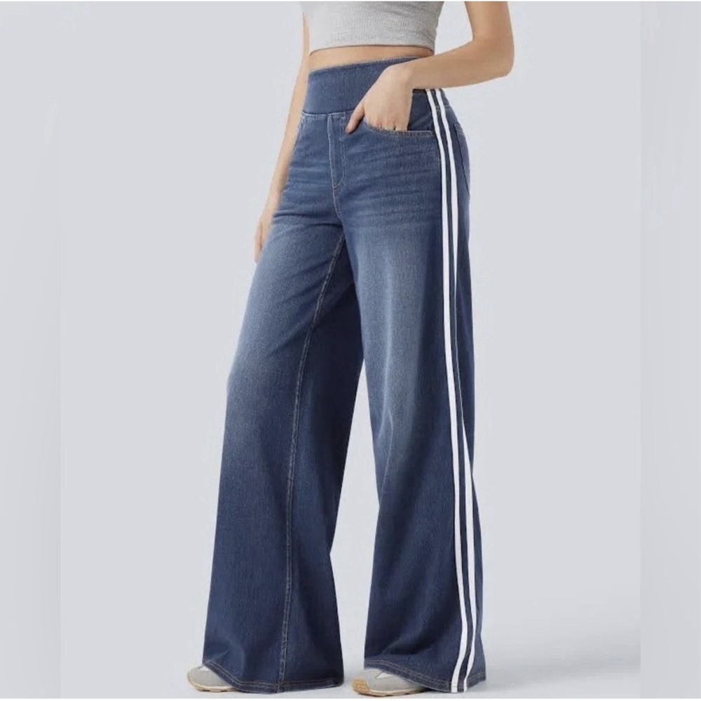 Halara Women's Stretch Lightweight Striped Wide-Leg Dark Wash Denim Jeans Blue
